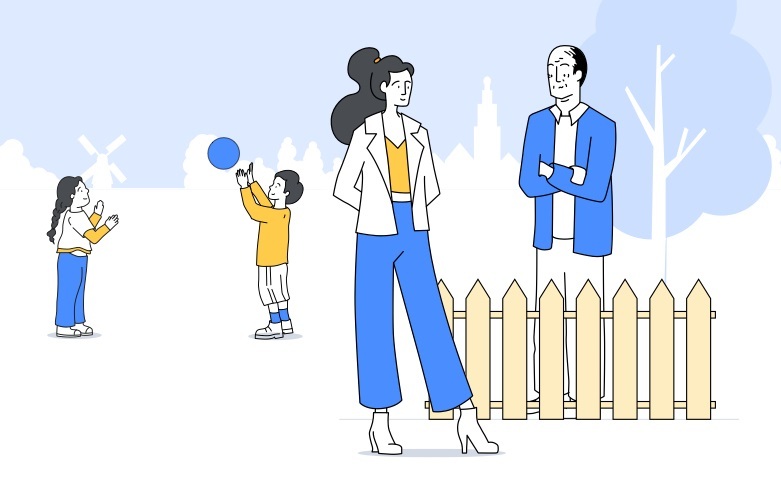Eerste Hulp Ben Jij illustratie: twee volwassenen bij een tuinhek en twee kinderen spelen met een bal